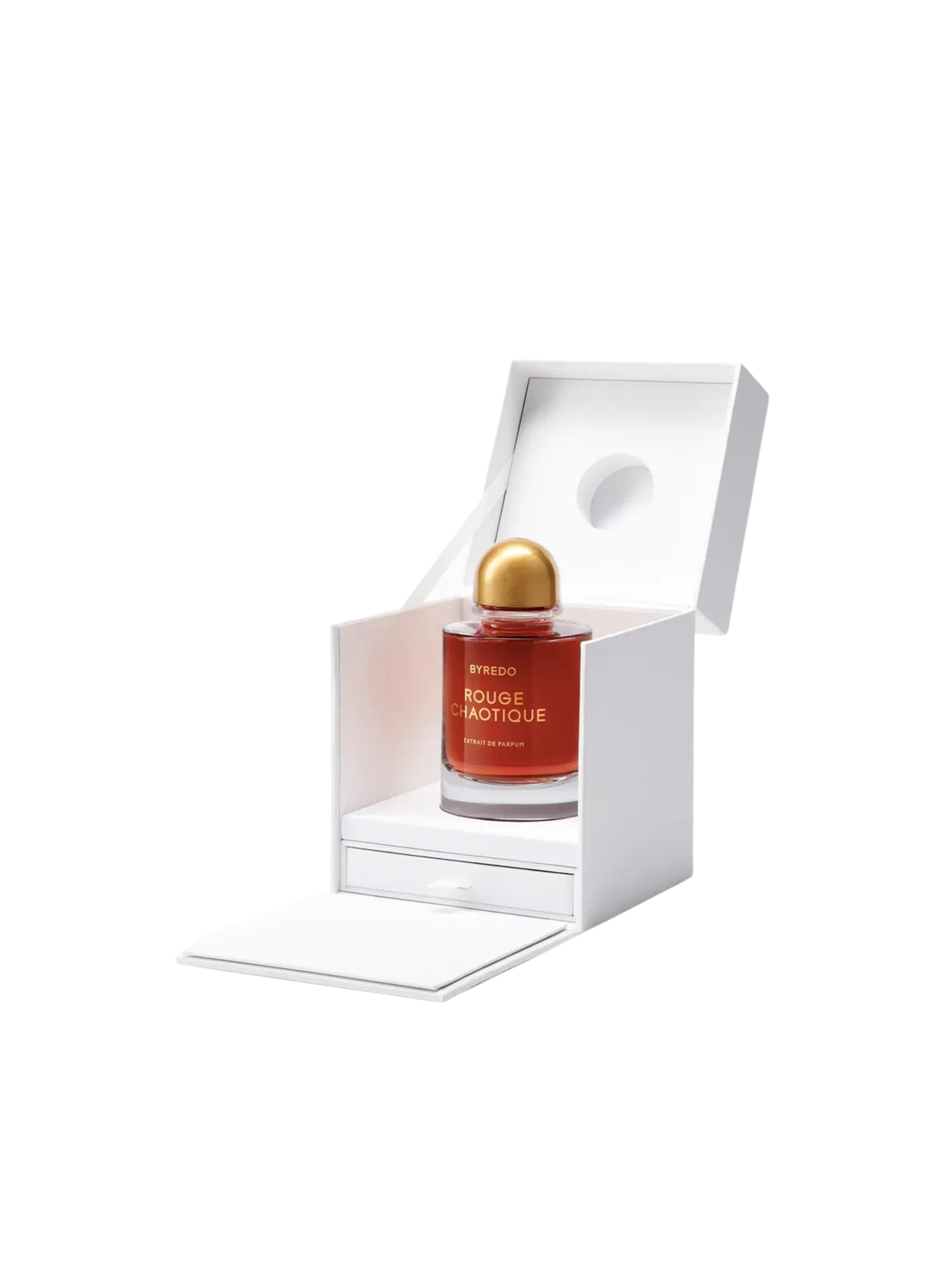 Byredo Rouge Chaotique Extrait de Parfum 70ML Night Veils collection bottle with antique gold cap on white background

