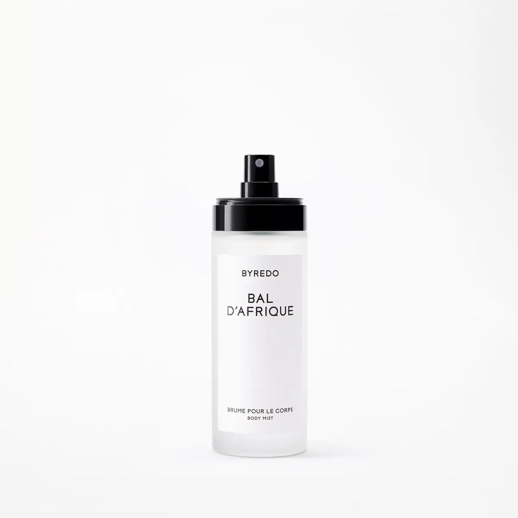 Byredo Bal d'Afrique body mist spray bottle withour cap on a white background