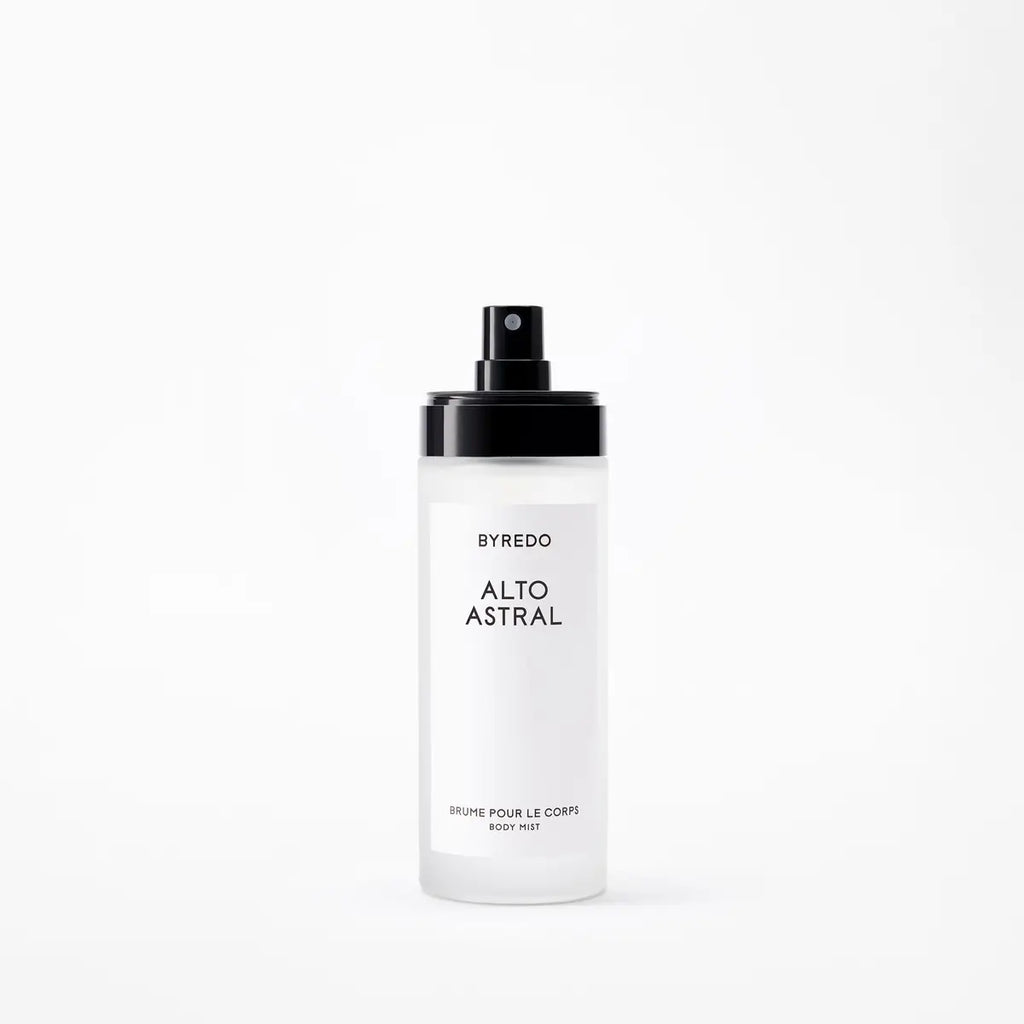 BYREDO Alto Astral Body Mist in a frosted white bottle with a black spray cap and minimalist label on a clean light background.