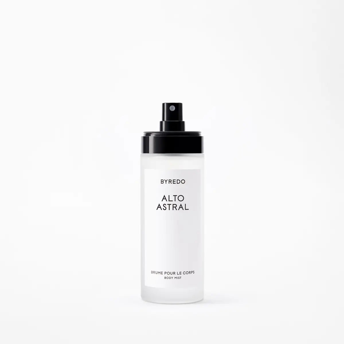 BYREDO Alto Astral Body Mist in a frosted white bottle with a black spray cap and minimalist label on a clean light background.