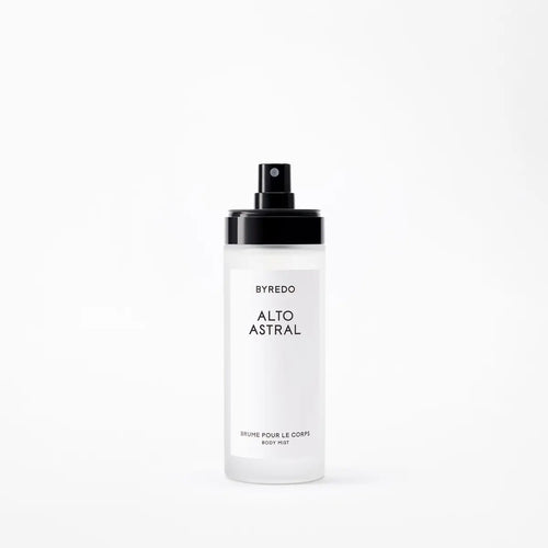 BYREDO Alto Astral Body Mist in a frosted white bottle with a black spray cap and minimalist label on a clean light background.