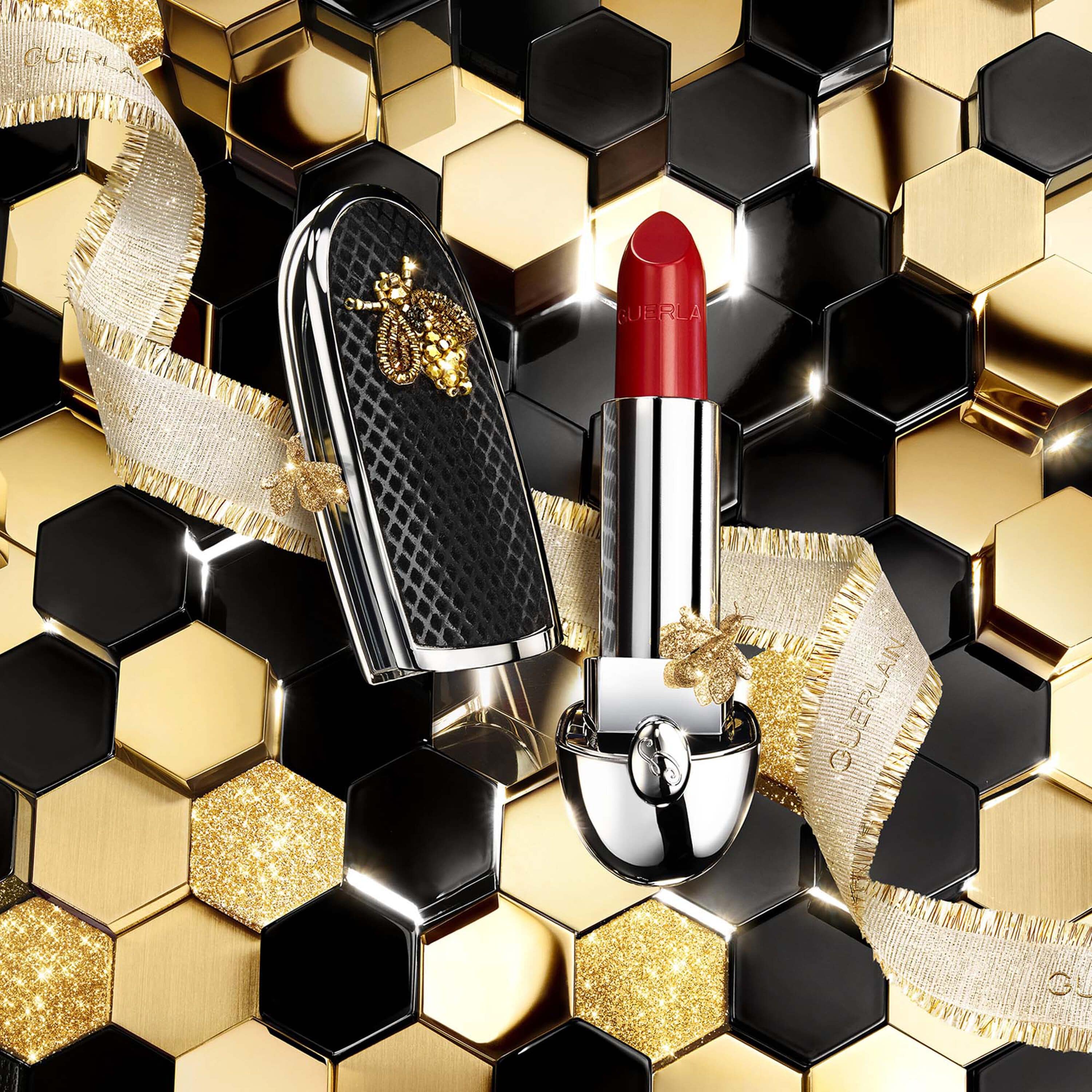 GUERLAIN Rouge G Gold Bee Sequins Satin ტუჩსაცხი 214 და ქეისი – Prestige Limited Edition