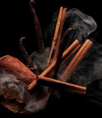Cinnamon sticks, vanilla beans, and dried leaves with smoke on a dark background